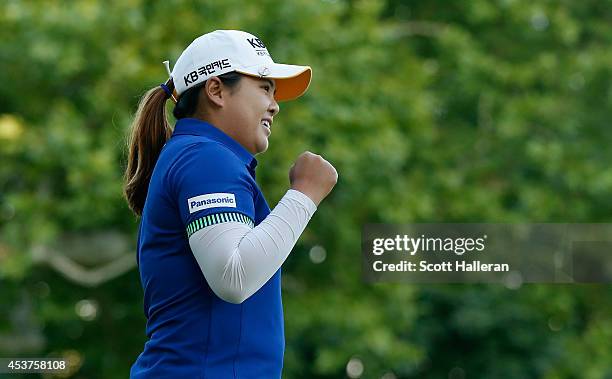 Inbee Park of South Korea celebrates after defeating Brittany Lincicome on the first playoff hole during Wegmans LPGA Championship at Monroe Golf...