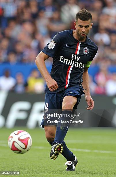 Thiago Motta of PSG in action during the French Ligue 1 match between Paris Saint Germain FC and SC Bastia at Parc des Princes stadium on August 16,...