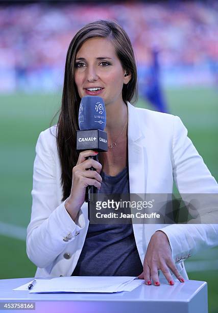 Canal Plus journalist Marie Portolano at work during the French Ligue 1 match between Paris Saint Germain FC and SC Bastia at Parc des Princes...