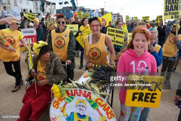 Anti fracking protesters demonstrate peacefully on a march from Blackpool's South Pier to the North Pier, opposing government plans to lease areas to...