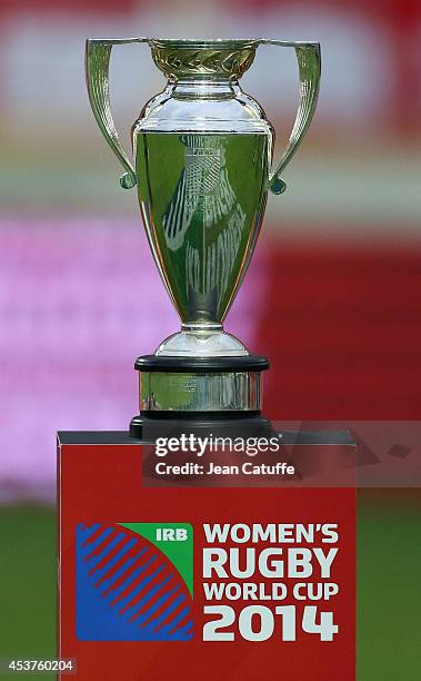 General view of the trophy of the IRB Women's Rugby World Cup 2014 after the IRB Women's Rugby World Cup 2014 Final between England and Canada at...