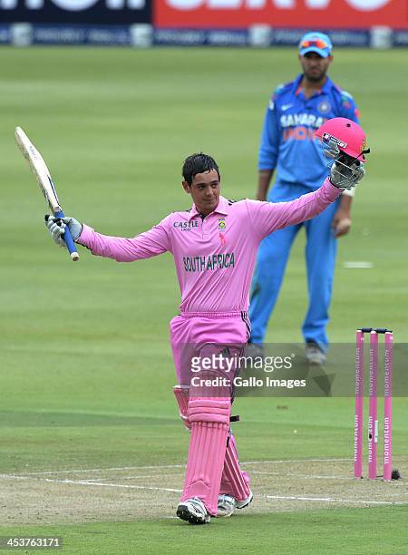 Quinton de Kock of South Africa celebrates his 100 during the 1st Momentum ODI match between South Africa and India at Bidvest Wanderers Stadium on...