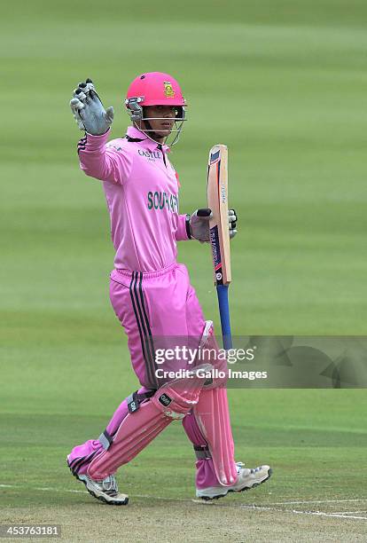 Quinton de Kock of South Africa celebrates his 100 during the 1st Momentum ODI match between South Africa and India at Bidvest Wanderers Stadium on...