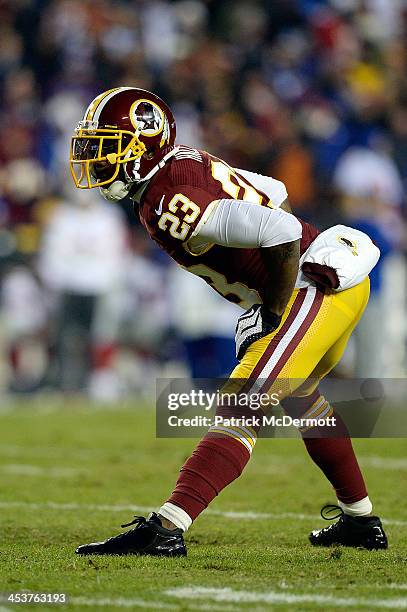 DeAngelo Hall of the Washington Redskins in action during an NFL game against the New York Giants at FedExField on December 1, 2013 in Landover,...