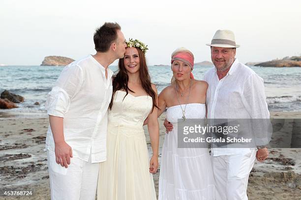 Holger Stromberg, his wife Nikita, Birgitt Wolff and her boyfriend Harold Faltermeyer pose during the wedding of star chef Holger Stromberg and his...