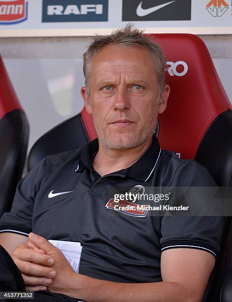 Headcoach Christian Streich of Freiburg concentrates before the pre season friendly match between SC Freiburg and Stoke City FC at Mage Solar Stadium...
