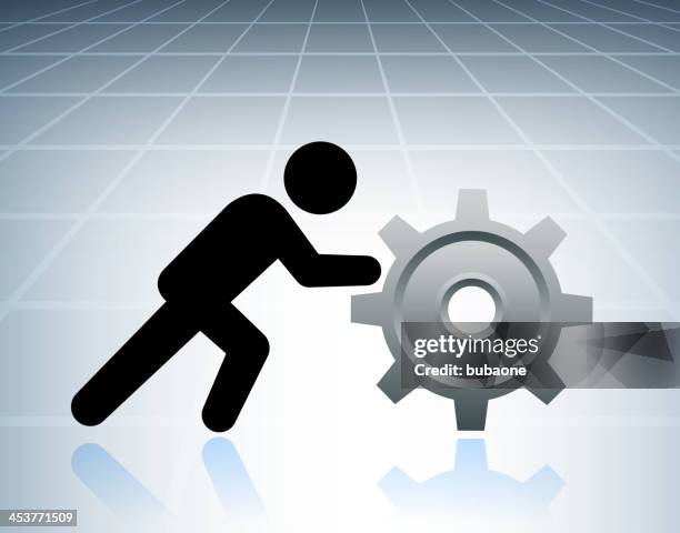 pusshing stick figure with gear on grid background - pinion stock illustrations