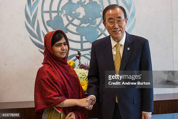 Malala Yousafzai, an education and women's rights activist , meets with United Nations Secretary General Ban Ki-Moon on August 18, 2014 in New York...
