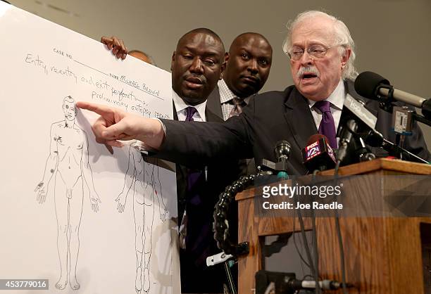 Dr, Michael Baden points to an autopsy diagram showing where the gun shots hit Michael Brown as family attorney's Benjamin Crump and Daryl Parks look...