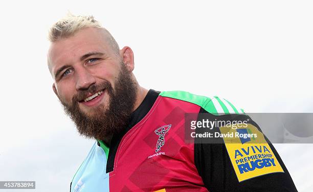 Joe Marler of Harlequins poses for a portrait at the photocall held at the Surrey Sports Centre on August 18, 2014 in Guildford, England.