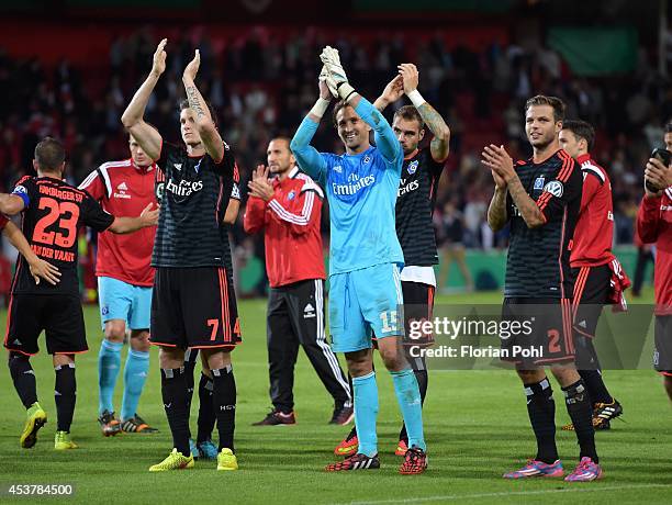 Marcell Jansen , Rene Adler , Pierre-Michel Lasogga and Dennis Diekmeier of Hamburger SV celebrates their team's victory during the DFP Cup first...