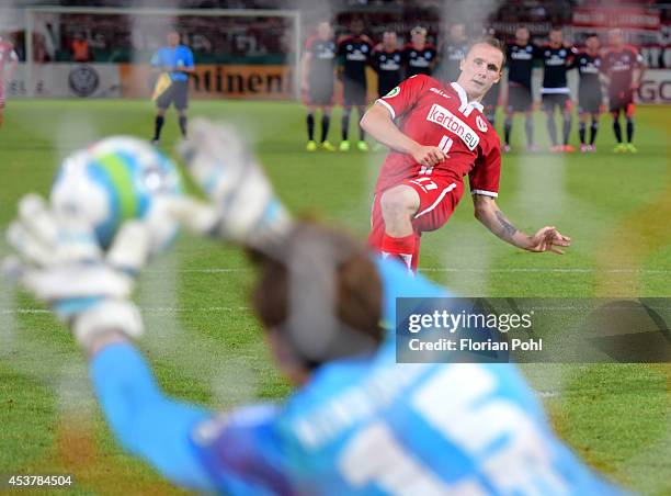 Sven Michel - FC Energie Cottbus fails to score from a penalty during the DFP Cup first round match between Energie Cottbus and Hamburger SV at...