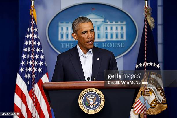 President Barack Obama gives a statement during a press conference in the Brady Press Briefing Room of the White House on August 18, 2014 in...