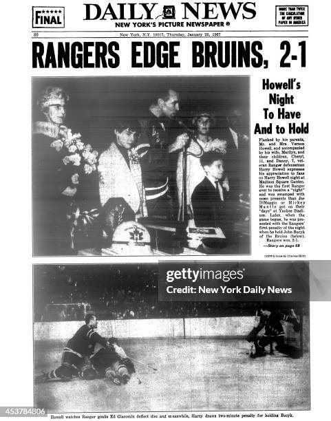 Daily News back page January 26 Headline: RANGERS EDGE BRUINS, 2-1 - Howell's Night To Have And to Hold. Flanked by his parents Mr. And Mrs. Vernon...