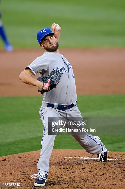 Danny Duffy of the Kansas City Royals delivers a pitch against the Minnesota Twins during the game on August 15, 2014 at Target Field in Minneapolis,...
