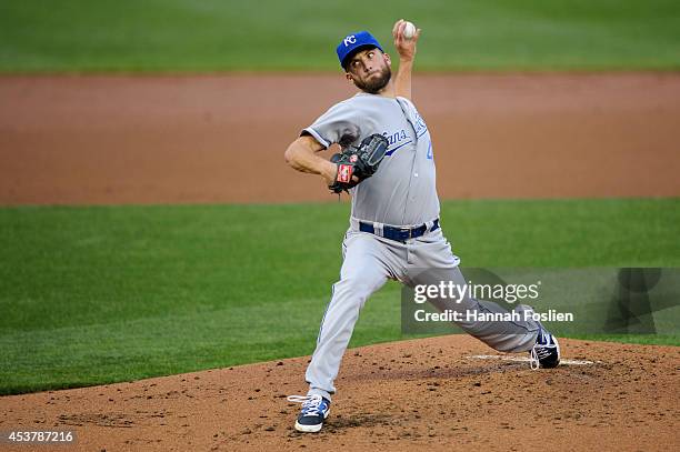 Danny Duffy of the Kansas City Royals delivers a pitch against the Minnesota Twins during the game on August 15, 2014 at Target Field in Minneapolis,...