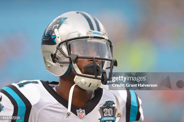 Tiquan Underwood of the Carolina Panthers against the Kansas City Chiefs during their game at Bank of America Stadium on August 17, 2014 in...