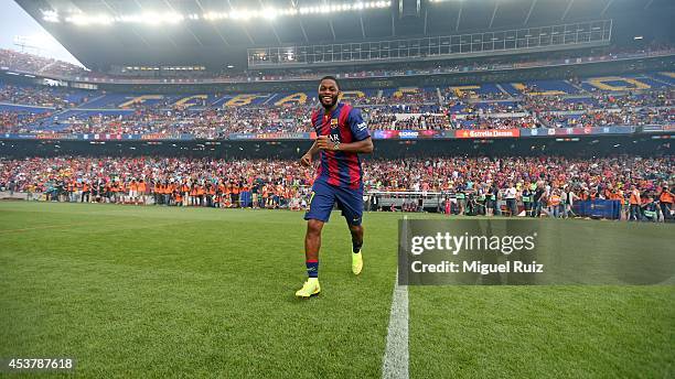 Alexandre Song of FC Barcelona, is presented to the supporters before the Joan Gamper Trophy match between FC Barcelona and Leon CF at Camp Nou on...