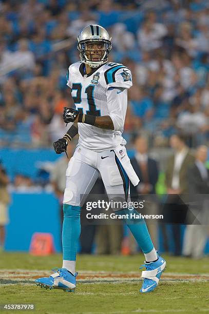 Thomas DeCoud of the Carolina Panthers against the Kansas City Chiefs during their game at Bank of America Stadium on August 17, 2014 in Charlotte,...