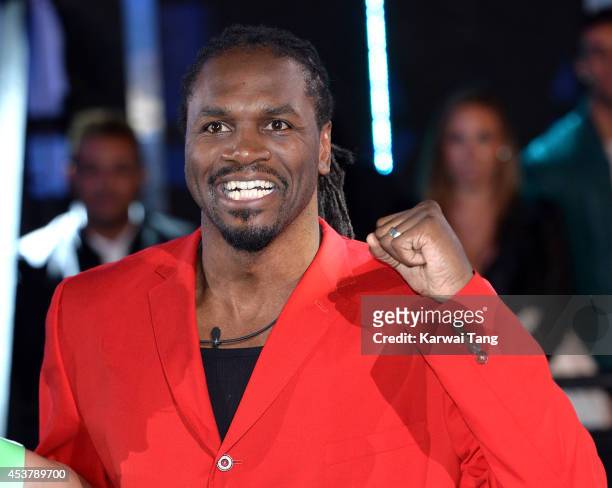 Audley Harrison enters the Celebrity Big Brother house at Elstree Studios on August 18, 2014 in Borehamwood, England.
