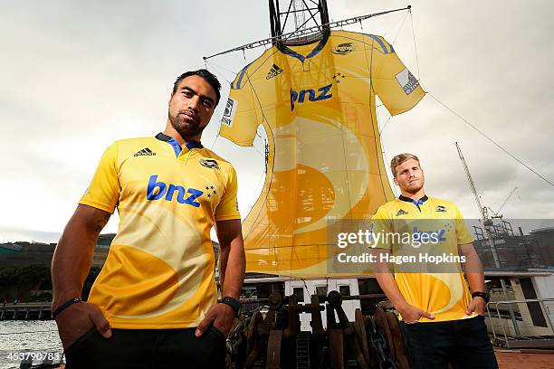 Victor Vito and Brad Shields of the Hurricanes pose in front of a giant adidas Super Rugby replica jersey to mark the launch of the replica jerseys...