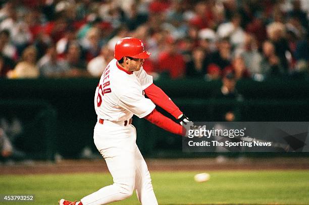 Eli Marrero of the St. Louis Cardinals bats against the Houston Astros at Busch Stadium on September 23, 1998 in St. Louis, Missouri.