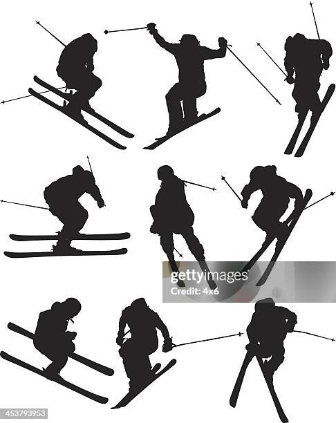 ilustraciones, imágenes clip art, dibujos animados e iconos de stock de skiers en acción - freestyle skiing
