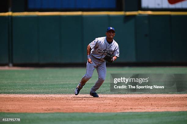 Cesar Izturis of the Los Angeles Dodgers fields against the St. Louis Cardinals at Busch Stadium on July 7, 2002 in St. Louis, Missouri.