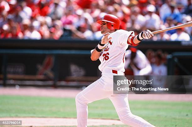 Eli Marrero of the St. Louis Cardinals bats against the Los Angeles Dodgers at Busch Stadium on July 7, 2002 in St. Louis, Missouri.