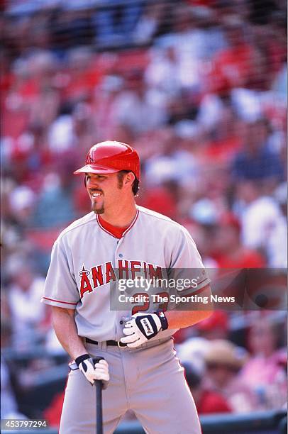 Scott Spiezio of the Anaheim Angels bats against the St. Louis Cardinals on June 20, 2002 at Busch Stadium in St. Louis, Missouri.