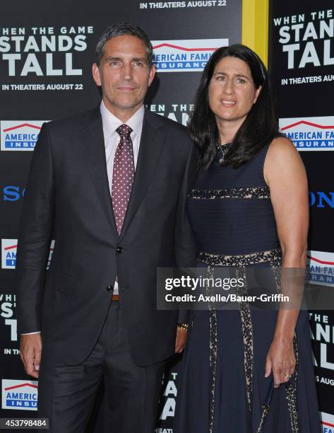 Actor Jim Caviezel and Kerri Browitt Caviezel attend the Los Angeles premiere of 'When The Game Stands Tall' at ArcLight Hollywood on August 4, 2014...