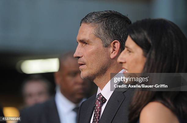 Actor Jim Caviezel and Kerri Browitt Caviezel attend the Los Angeles premiere of 'When The Game Stands Tall' at ArcLight Hollywood on August 4, 2014...