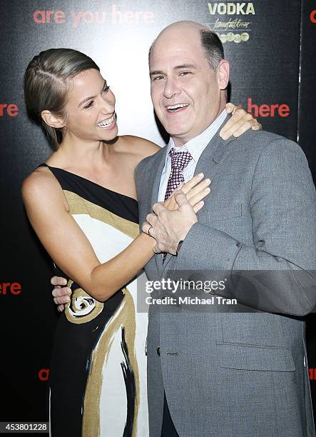 Laura Ramsey and Matthew Weiner arrive at the Los Angeles premiere of "Are You Here" held at ArcLight Hollywood on August 18, 2014 in Hollywood,...