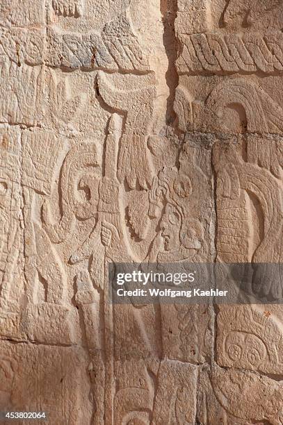 Mexico, Yucatan Peninsula, Near Cancun, Maya Ruins Of Chichen Itza, Temple Of The Jaguar, Detail Of Stone Carvings.