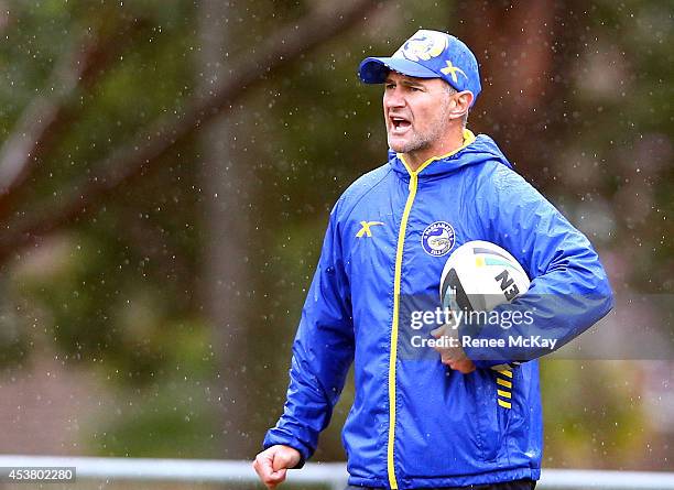 Coach Brad Arthur instructs his team during a Parramatta Eels NRL training session at on August 19, 2014 in Sydney, Australia.