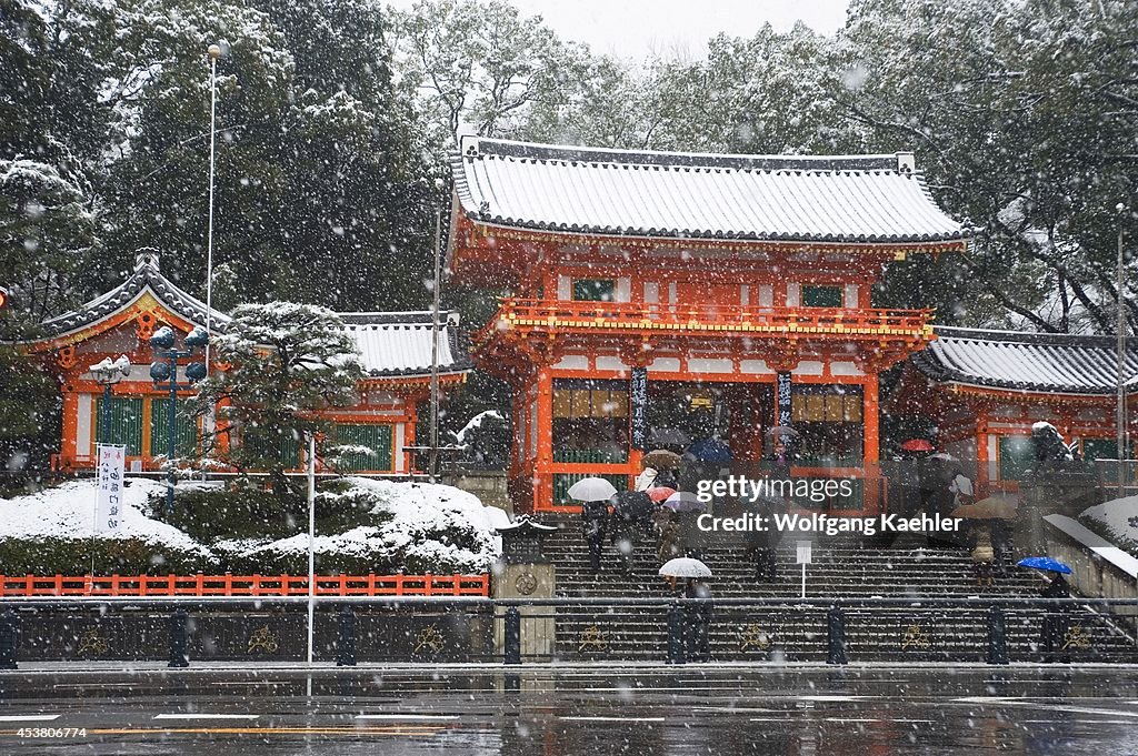 Japan, Kyoto, Yasaka Shrine (shinto) In Snow...