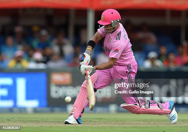 Dumiy of South Africa hits a six during the 1st Momentum ODI match between South Africa and India at Bidvest Wanderers Stadium on December 05, 2013...