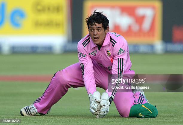 Quinton de Kock of South Africa takes a catch during the 1st Momentum ODI match between South Africa and India at Bidvest Wanderers Stadium on...