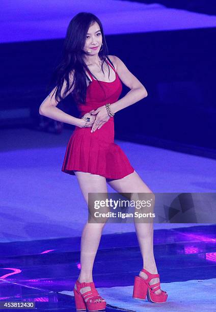 F perform onstage during the SMTOWN Live World Tour IV in Seoul at Seoul World Cup stadium on August 15, 2014 in Seoul, South Korea.