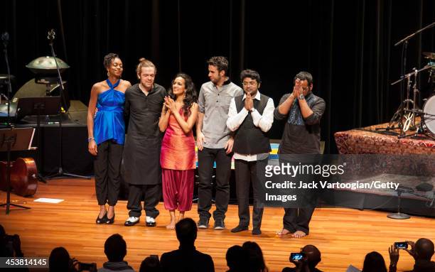 British-born Indian musician Anoushka Shankar and her ensemble take a bow at the end of a World Music Institute concert at New York University's...