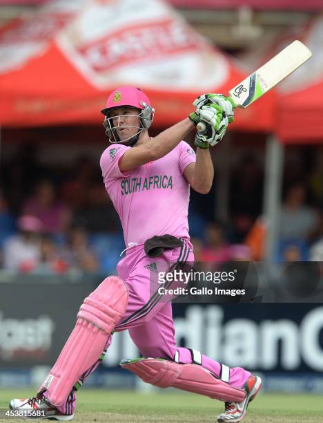 De Villiers of South Africa hits a six during the 1st Momentum ODI match between South Africa and India at Bidvest Wanderers Stadium on December 05,...