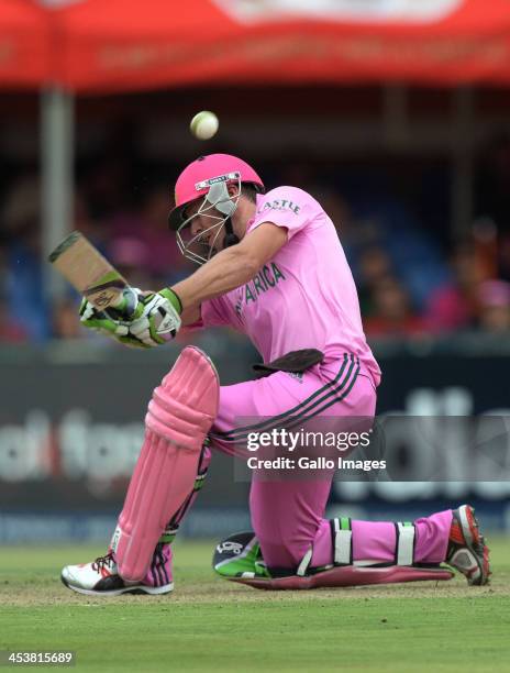 De Villiers of South Africa hits a six during the 1st Momentum ODI match between South Africa and India at Bidvest Wanderers Stadium on December 05,...