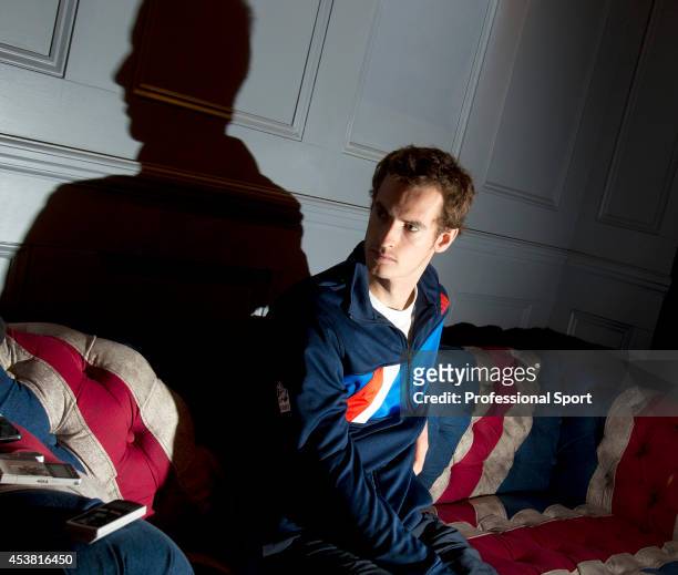 Andy Murray of Great Britain talks to the media during previews for the ATP World Tour Finals Tennis at the O2 Arena on November 19, 2011 in London,...