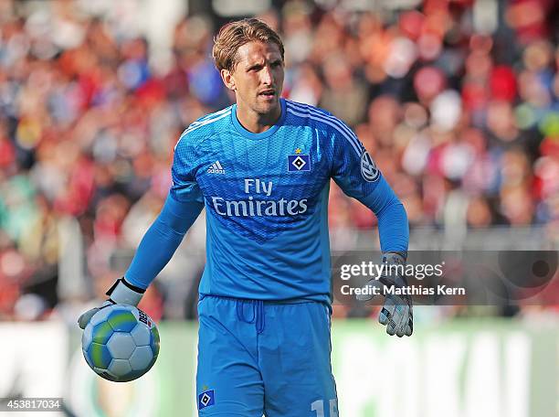 Goalkeeper Rene Adler of Hamburg looks on during the DFB Cup match between FC Energie Cottbus and Hamburger SV at Stadion der Freundschaft on August...