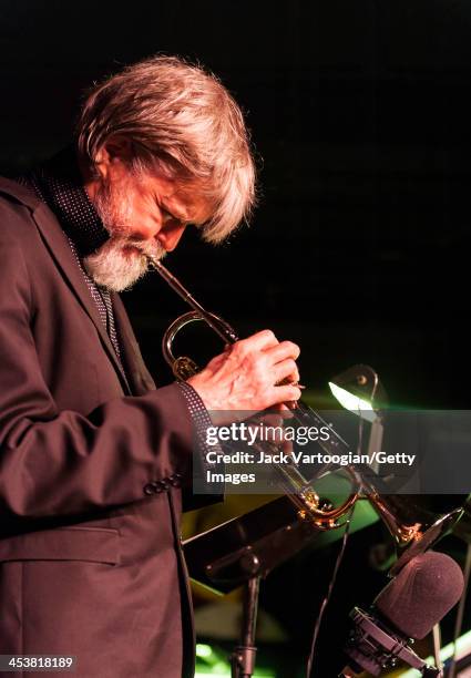 American Jazz musician Tom Harrell plays trumpet as he leads his quintet during their second set at the Village Vanguard, New York, New York, October...