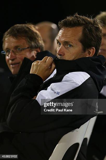 Mike Mulvey coach of the Roar looks on during the FFA Cup match between the Stirling Lions and the Brisbane Roar at Western Australia Athletics...