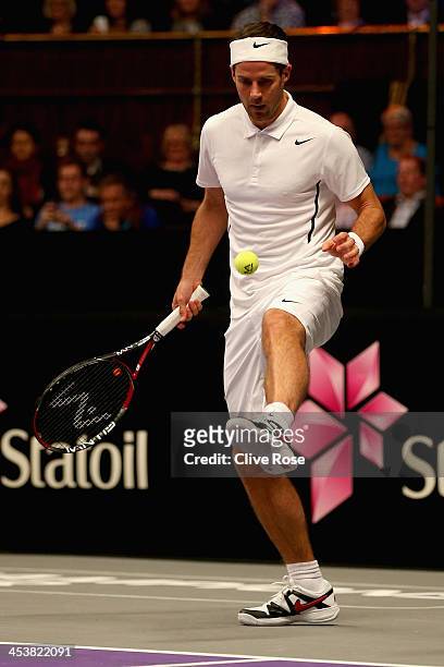 Jamie Redknapp in action during a challenge match against John McEnroe whilst filming for 'A league of their own' on day two of the Statoil Masters...