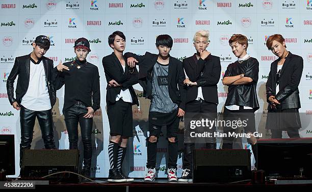 Jin, Jung Kook, Rap Monster, Jimin, j-hope of BTS attends the BTS 1st Album "Dark And Wild" Show Case" at the Samsung Card Hall on August 19, 2014 in...