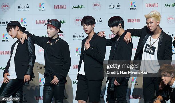 Jin, Jung Kook, Rap Monster and Jimin of BTS attends the BTS 1st Album "Dark And Wild" Show Case" at the Samsung Card Hall on August 19, 2014 in...