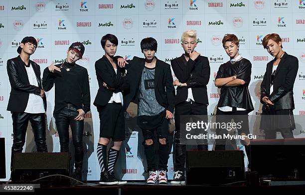 Jin, Jung Kook, Rap Monster, Jimin, j-hope of BTS attends the BTS 1st Album "Dark And Wild" Show Case" at the Samsung Card Hall on August 19, 2014 in...